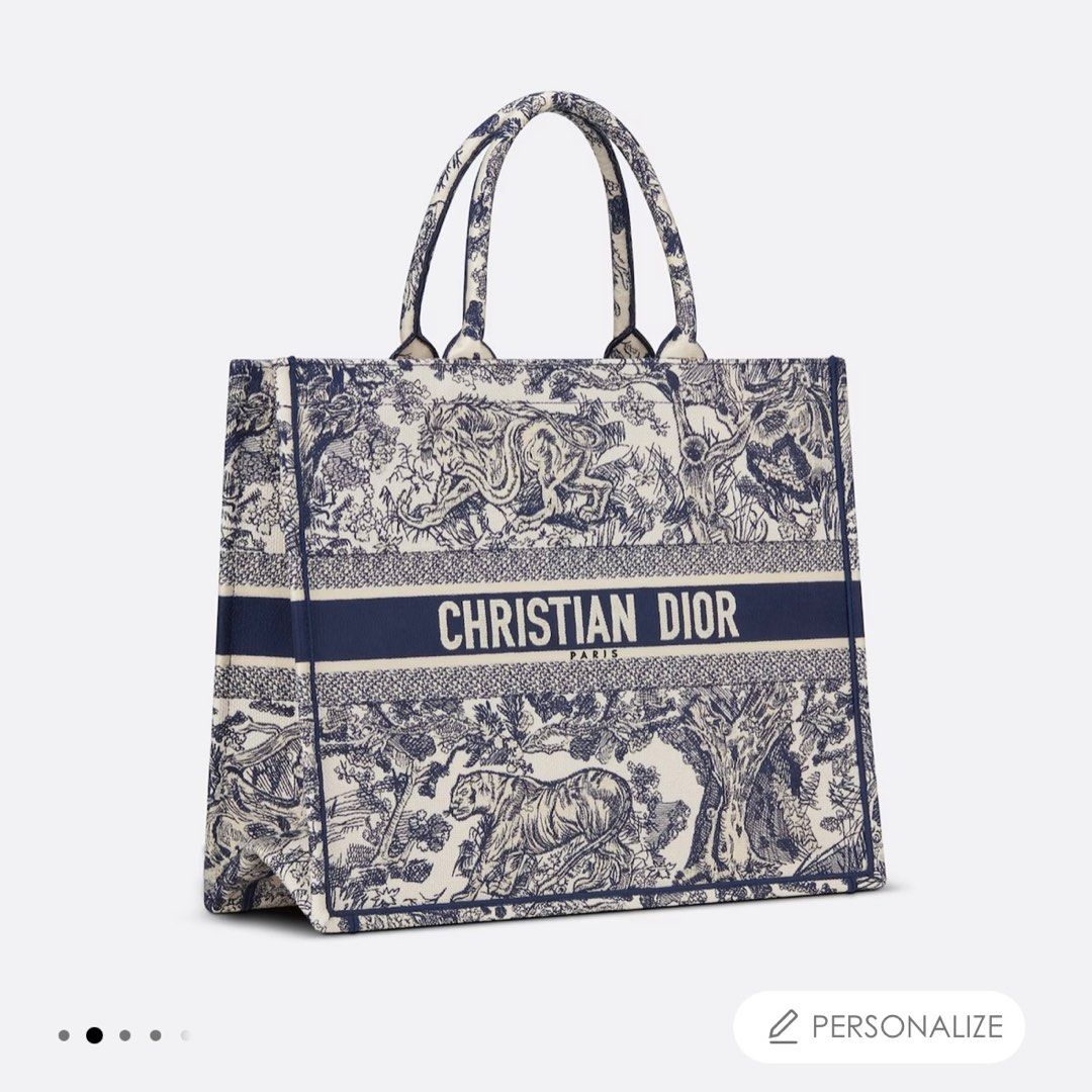 Large Dior Book Tote Blue and Ecru Toile de Jouy Reverse Embroidery (42 x  35 x 18.5 cm)