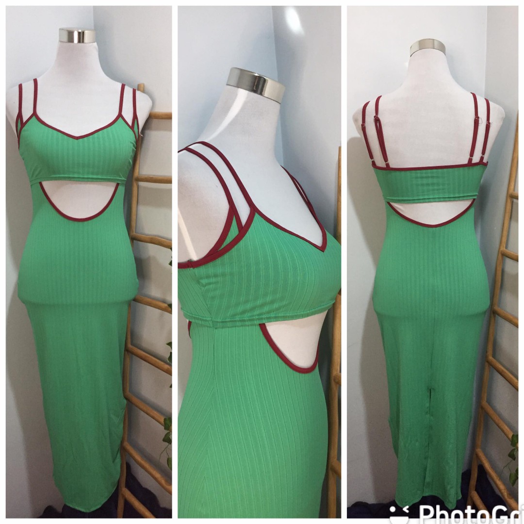 Green Sexy Cut Out Ribbed Slit Midi Dress On Carousell 