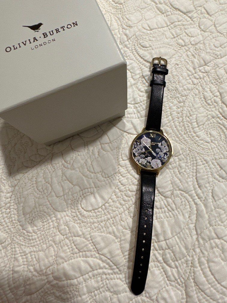 Olivia Burton dark blue Floral Gold black leather watch Women s Fashion Watches Accessories Watches on Carousell