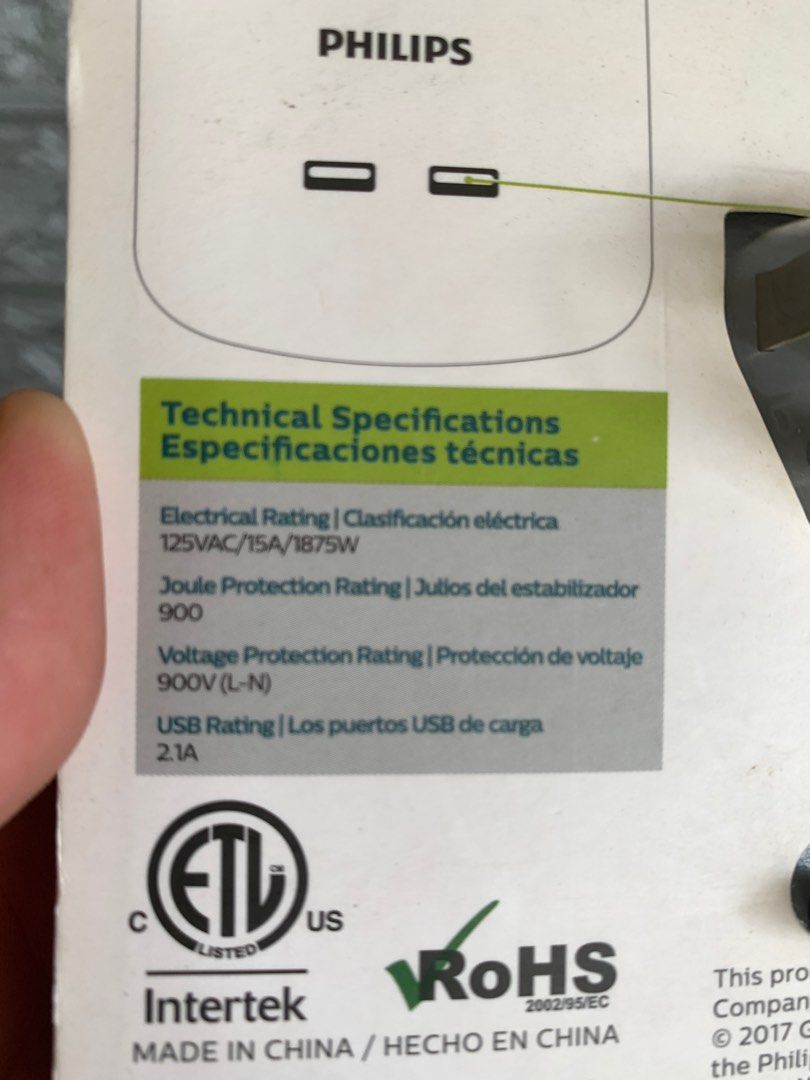 Philips surge protector 125VAC (Category: Electrical, Adaptors & Sockets) located in Calamba. Submitted by cur8d (Listing ID 1233379507, Image 3). Description: bought in US Pasabuy please read technical specs for more info may not be suitable for most PH appliances and electronics (220v) .