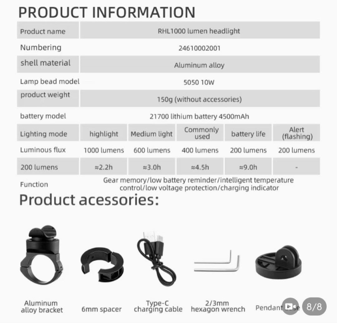 Rockbros RHL1000 Front Light, Sports Equipment, Bicycles & Parts, Parts ...