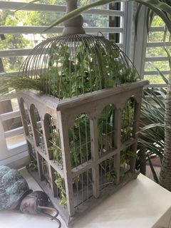 Rustic bird cage with artificial plant and fairy light