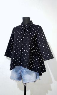 Size XL black polka dot button down A-line high low shirt blouse button cardigan playful fun quirky office jacket blazer