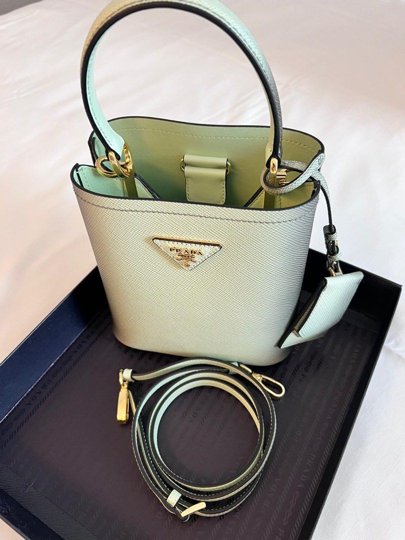Small Saffiano Leather Prada Panier Bag 10.5*17*18cm 1BA217, Green, One Size