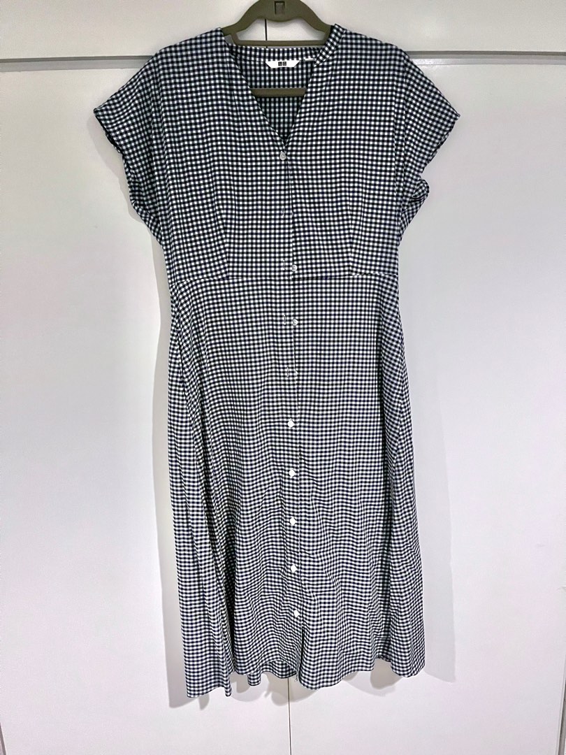 Uniqlo Checkered Navy Blue Dress w/ Inner Lining, Women's Fashion ...