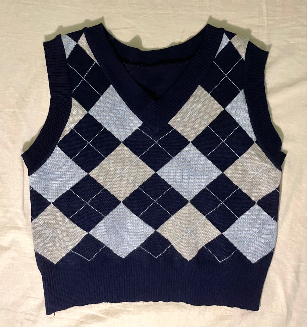 y2k preppy checkered blue knitted vest, Women's Fashion, Tops, Other ...