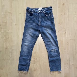 Zara Mid-Blue Premium Denim High-Waist Ripped Cropped Skinny Jeans