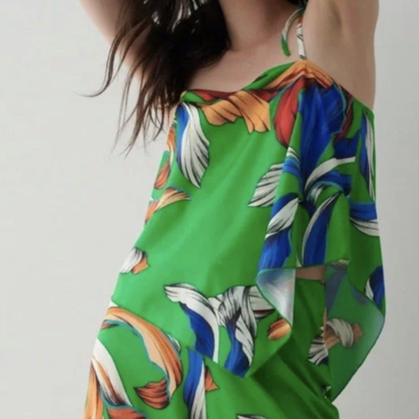 Zara Tropical Floral Green Tie Strap Top, Women's Fashion, Tops - Main Image