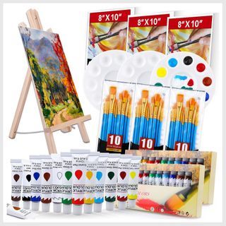 Paint Easel Kids Art Set- 28-Piece Acrylic Painting Supplies Kit with  Storage Bag, 12 Non Toxic Washable Paints, 1 Scratch Free Easel, 6  Pre-Stenciled Canvases 8 x 10 inches, 5 Brushes, 
