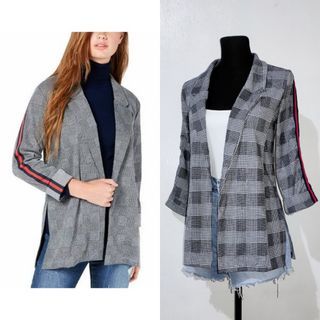 Almost Famous gray plaid stripe juniors size open black white grey blazer office jacket