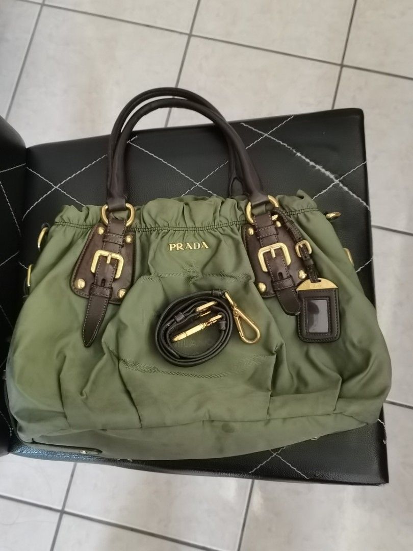 Authentic PRADA TESSUTO NYLON ARMY GREEN Hand Carry Shoulder Bag and Crossbody Bag