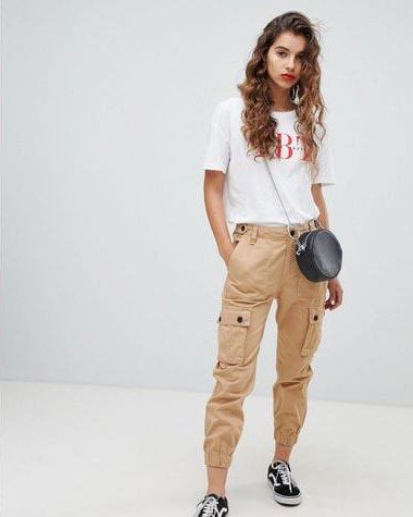 Bershka straight leg cargo trousers in beige - ShopStyle