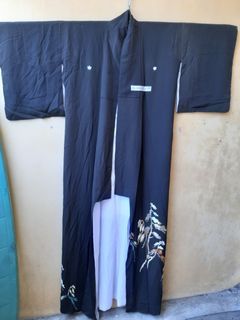 Tomesode JAPANESE Black Kimono BLACK PINE EMBROIDERY with obi