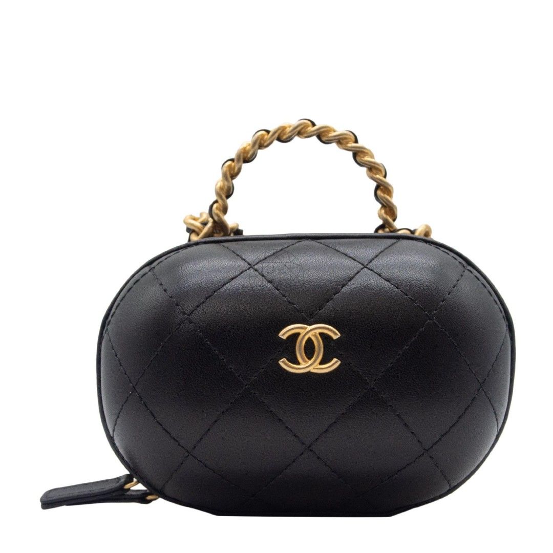 Authentic Chanel Round Small Vanity With Chain Black Lambskin