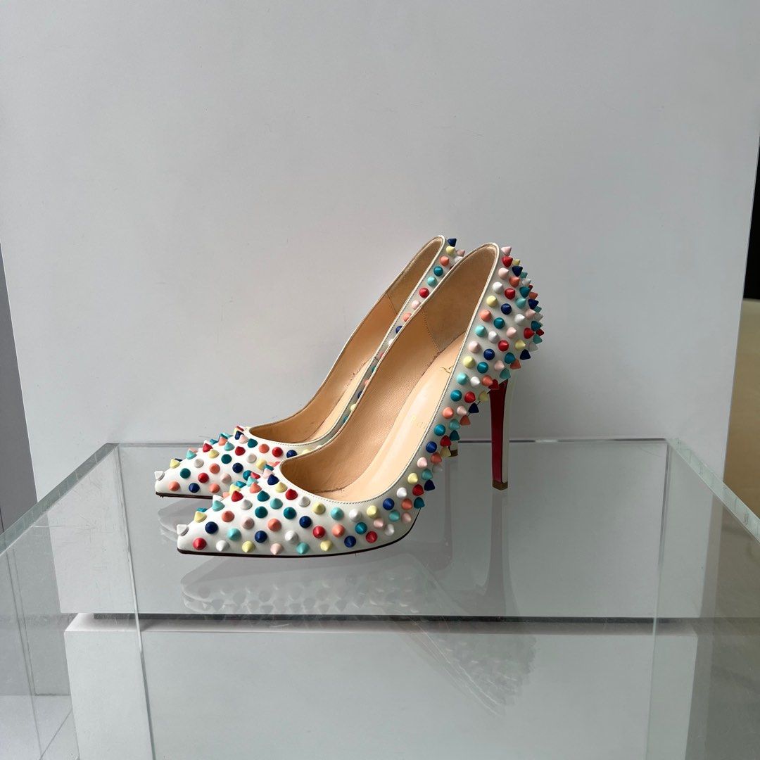 Christian Louboutin Studs Spikes Pumps Leather White Multicolor