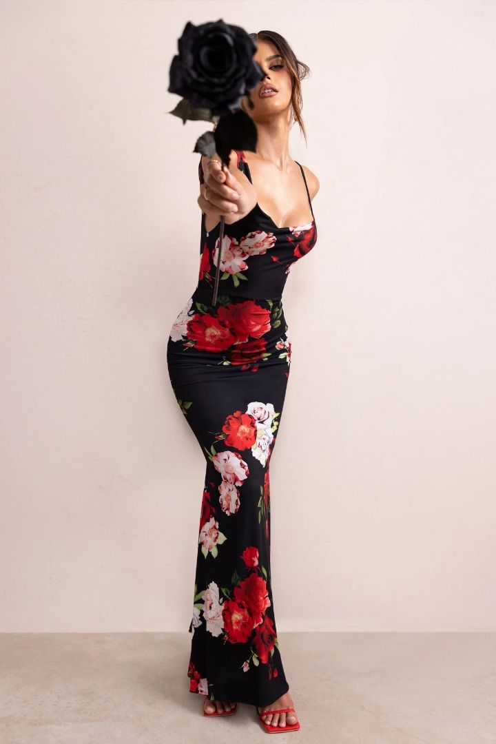 Red and black floral maxi dress shop