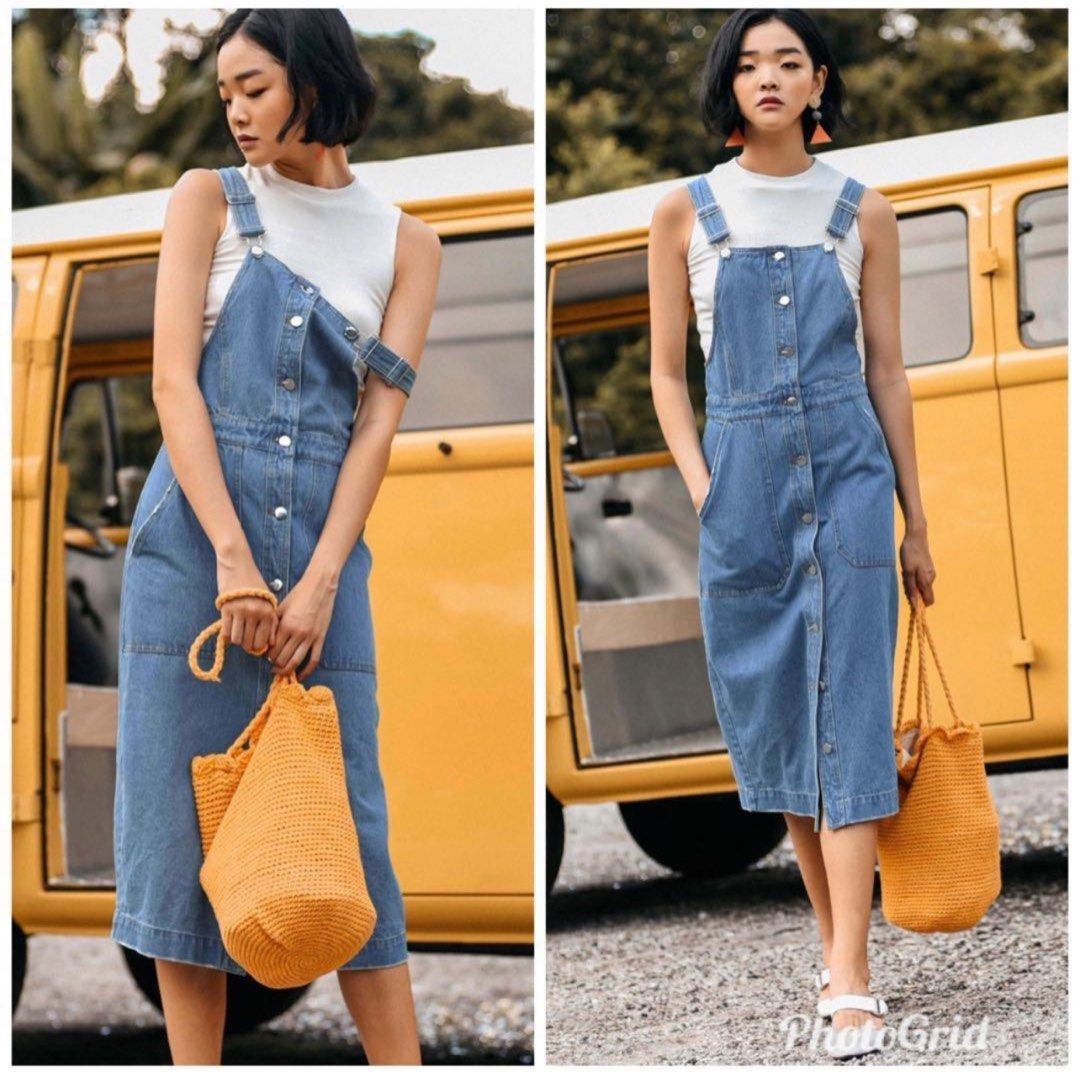ZARA Denim Overall Dress Midi Dungarees Buttoned Front 