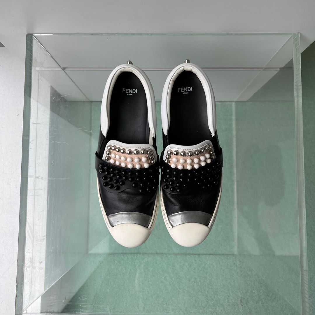 Fendi Karlito Sneakers Leather with studded detail Black White Women s Fashion Footwear Loafers on Carousell