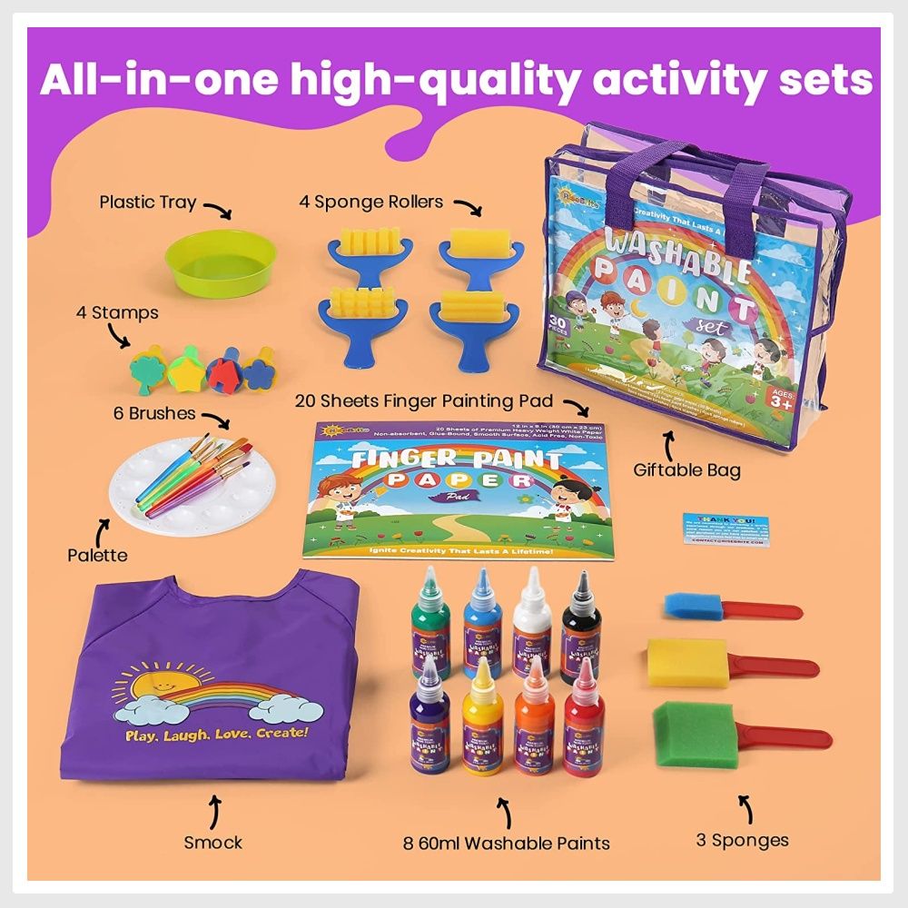 Finger Paint Set for Kids - Toddler painting set includes kids washable  paint and brush set, toddler paint paper pad, finger paint sponges and smock