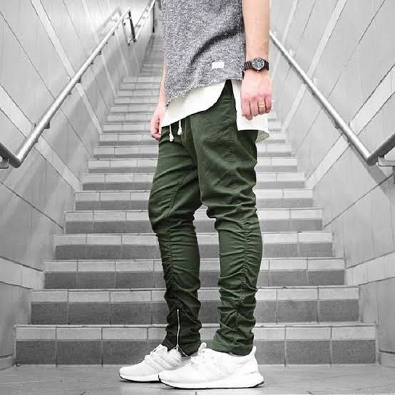 H M Divided Twill Zipper Pants Olive Green