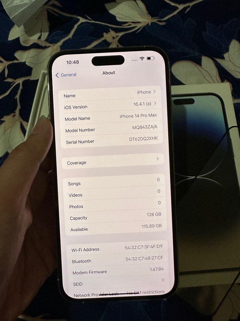 iphone 14 pro max 128gb dual sim good as new (Category: iPhone 14 Series) located in Cainta. Submitted by vine_gadget_shop (Listing ID 1233526093, Image 3). Description: iphone 14 pro max 128gb dual sim good as new hk variant warranty until april 2024 we accept trade in we accept credit card installment we do cod and door to door we ship nationwide for fast transaction call 09277368323 look for vine.