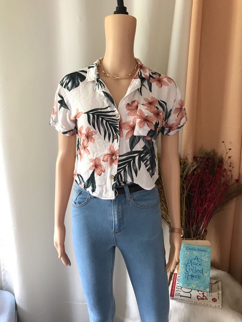 Floral polo crop sales top