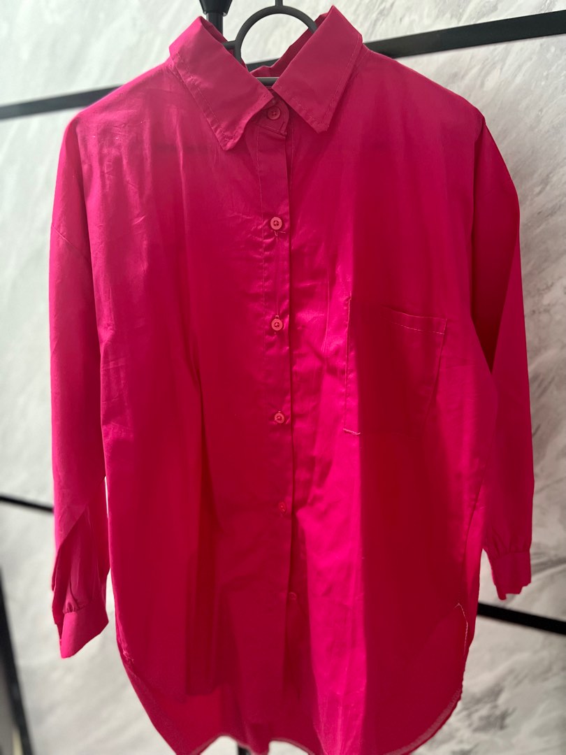Kemeja Baggy Viral Hot Pink, Women's Fashion, Tops, Blouses on Carousell