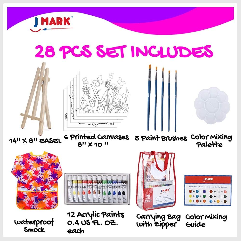 J MARK Kids Paint Set and Paint Easel – Acrylic Painting Kit, Safe Washable  Paints, Wood Easel, 2 Pre-Stenciled Canvases 8 x 10 inches, Brushes