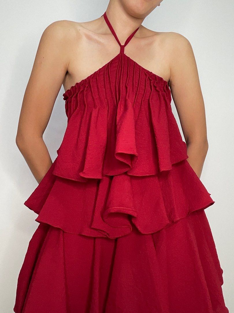 Ruby Red Ruffle Dress Most-flattering ruby red tiered ruffle halter dress, Women's Fashion ...