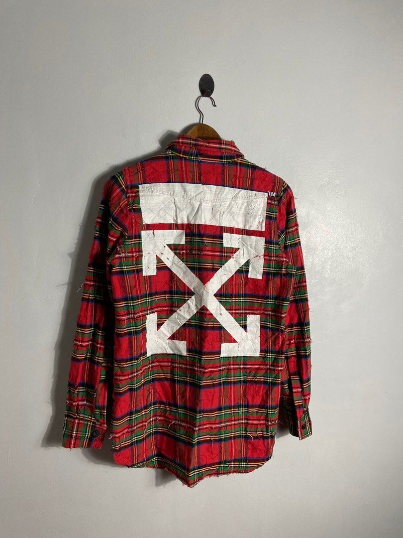 Off White Distressed Tartan Shirt Red Check Men s Fashion Coats