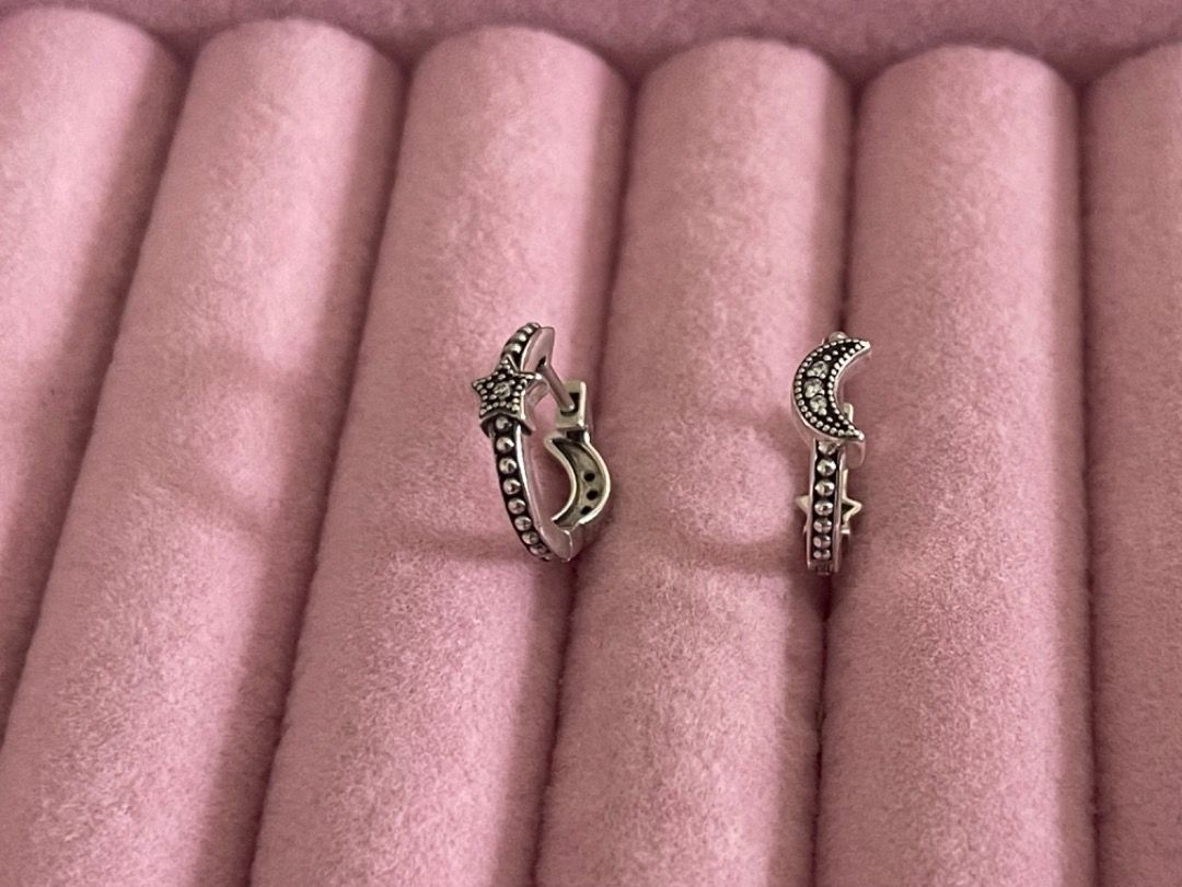 Pandora Crescent Moon Star beaded hoop earrings sterling silver