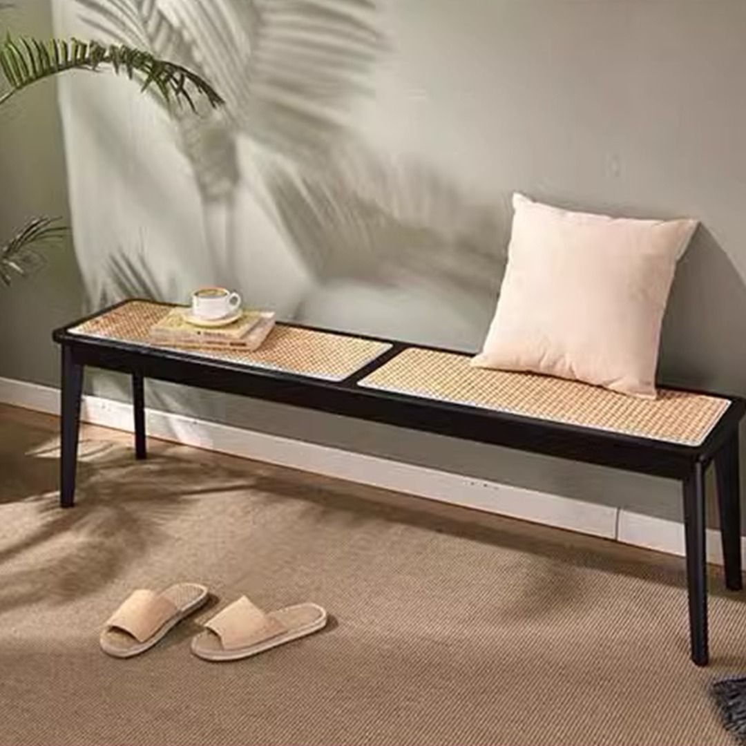 Presenthem Coastal-Inspired Solid Wood Bench with Cane Inlay, Furniture ...