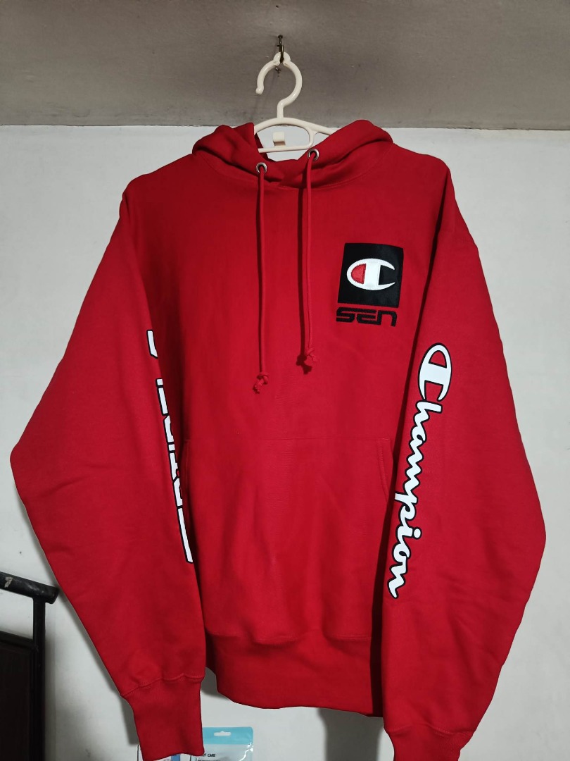 SENTINELS X CHAMPION RED HOODIE, Men's Fashion, Coats, Jackets and ...