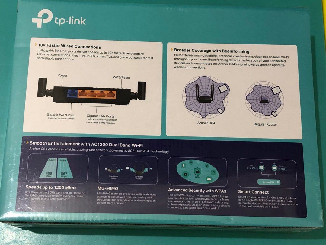 全新原裝 TP-Link 4天線 AC1200 C64 MU-MIMO router 路由器 , 電腦&科技, 電腦周邊及配件, Wifi及 ...