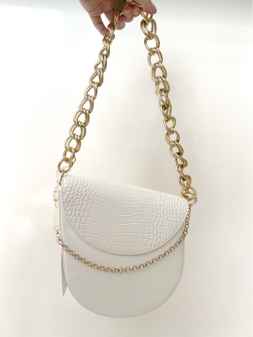 White Sling Shoulder Bag with Gold Chains for Different alooks