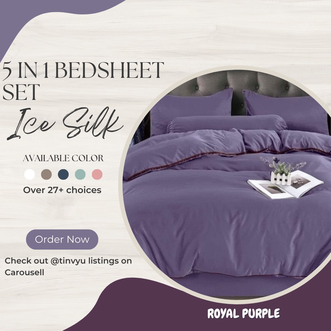 5 in 1 Royal Purple Ice Silk Bedsheet Set 1800TC High Quality Bed