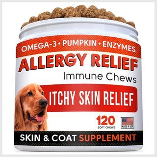 Allergy Relief Dog Treats w/Omega 3 + Pumpkin + Enzymes + Turmeric - Itchy Skin Relief - Immune & Digestive Supplement - Skin & Coat Health - Anti-Itch & Hot Spots -Made in USA - Chicken Flavor Chews
