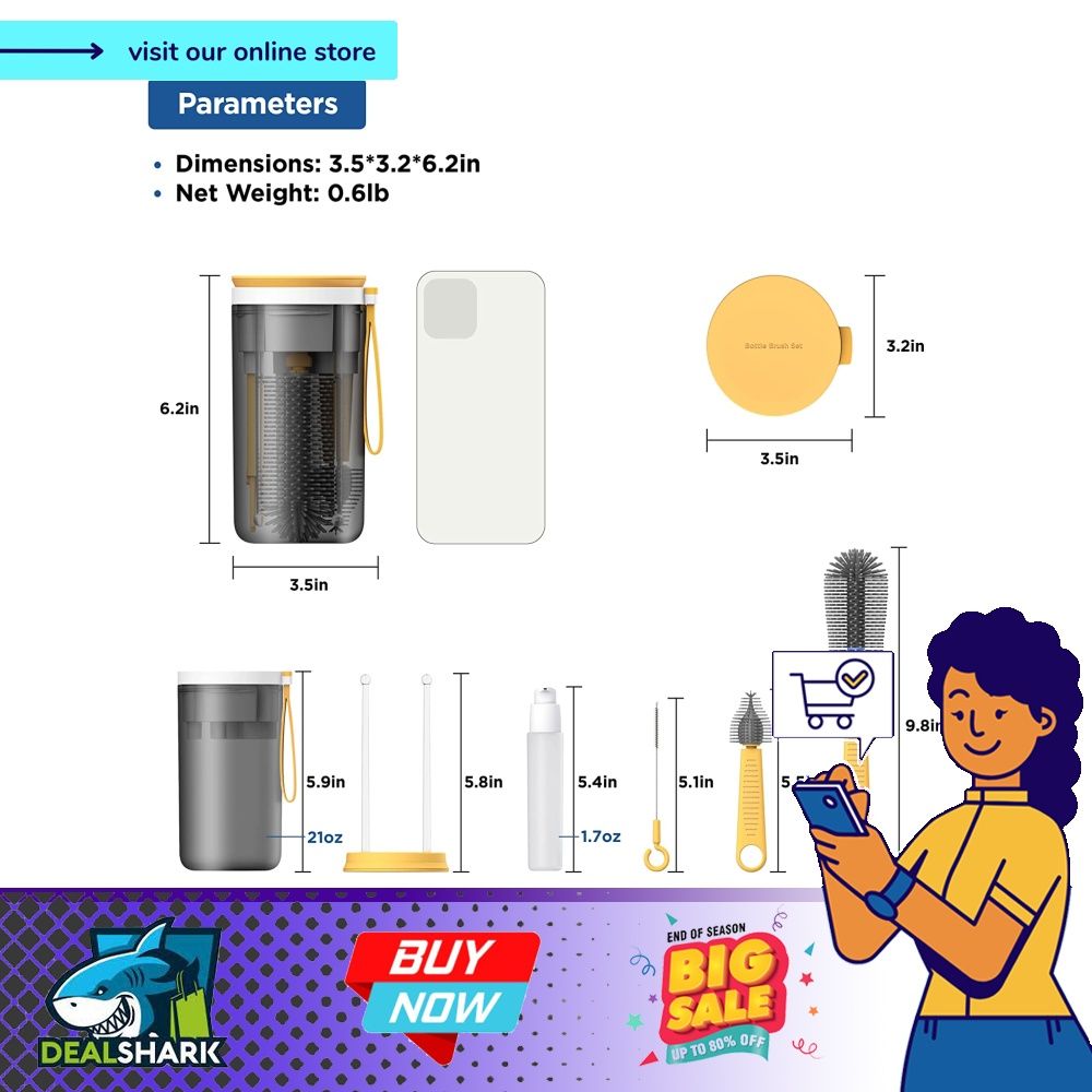 TechoEcho Baby Travel Essential Bottle Cleaner Kit with Silicone Bottle Brush,Built-in Snap-On Drying Rack,Silicone Nipple-Shaped Brush,2 Straw
