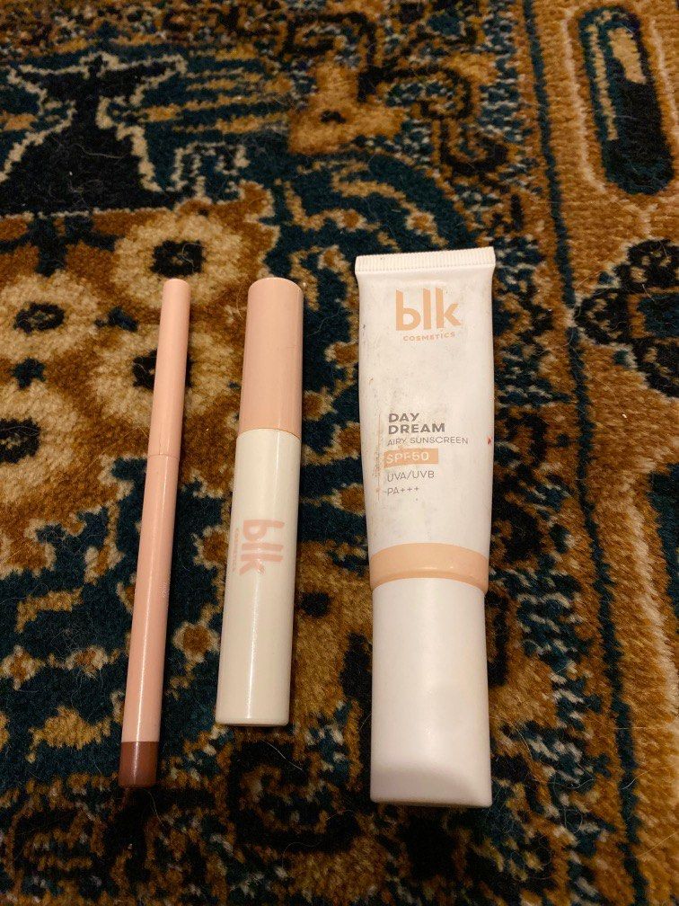 BLK Face essentials set (Category: Makeup) located in Quezon City. Submitted by thelushclosetph (Listing ID 1233698473, Image 1). Description: Blk day dream tinted sunscreen in butterscotch- 80% remaining Blk fresh lip liner in Tides -70% remaining Blk fresh brow lock in clear -used twice.