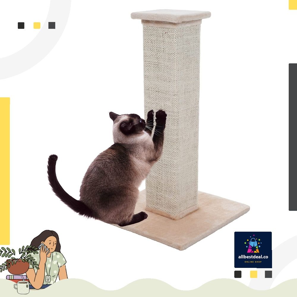 Cat Scratching Post with Carpeted Base 27.75 Inch Sisal Burlap Fabric Scratcher Furniture Scratching Deterrent for Indoor Cats by PETMAKER Beige