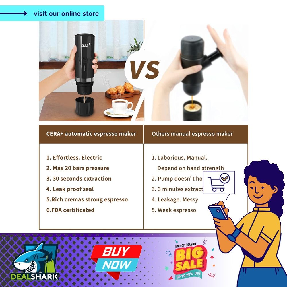 CERA+ Portable Espresso Machine, Self-Heating Electric Coffee Maker, 20 Bar  Pressure Compatible with NS Pods & Ground Coffee for Travel, Camping