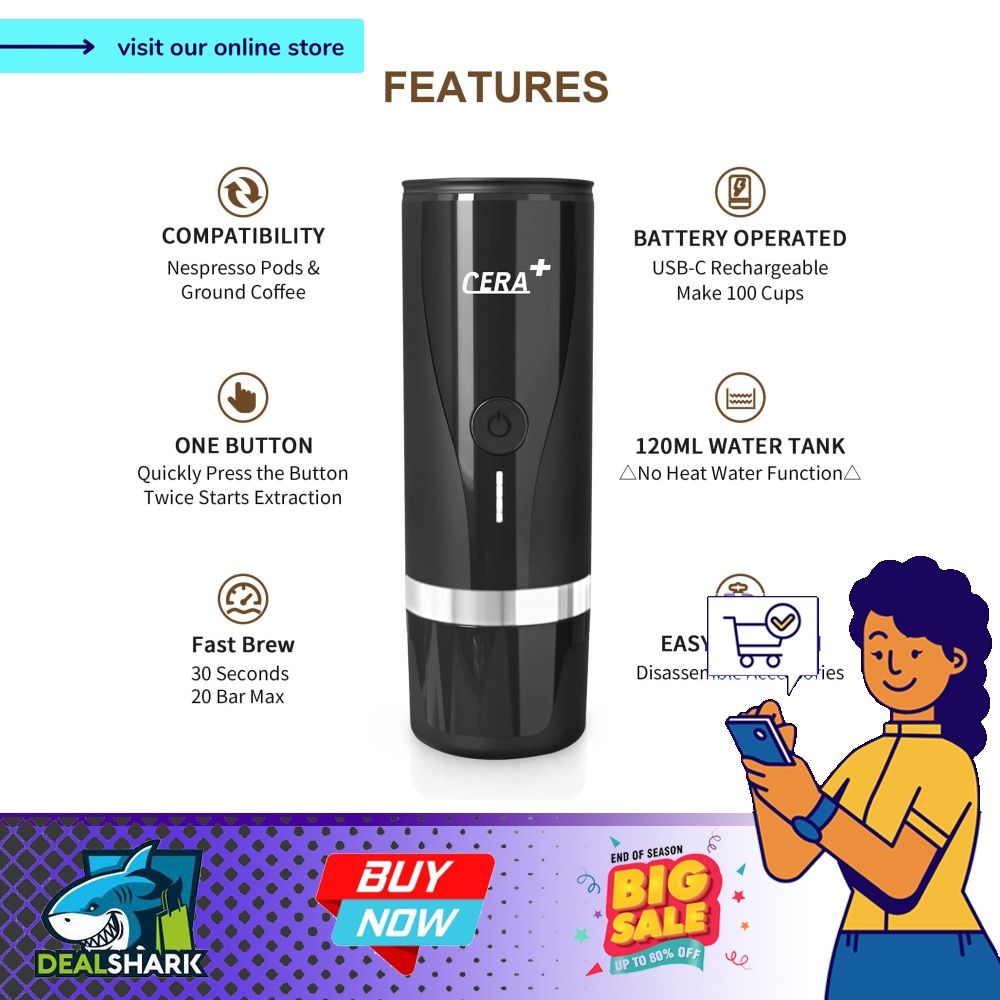 CERA+ Portable Electric Coffee Maker, Rechargeable Mini Battery Espresso  Machine with Heating Function, 20 Bar, Compatible with NS Pods & Ground