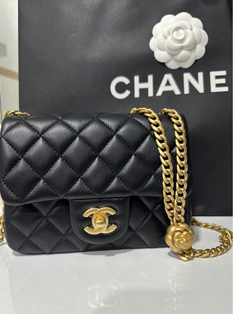 Chanel 23S Mini Square With Camellia Flap bag in Black Lambskin, Luxury,  Bags & Wallets on Carousell