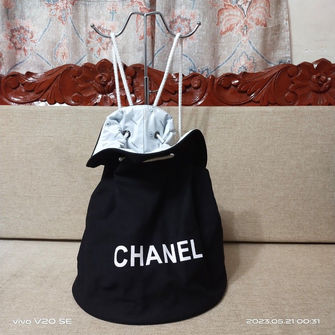 Chanel Black & White Logo Drawstring Canvas Bucket Backpack Bag