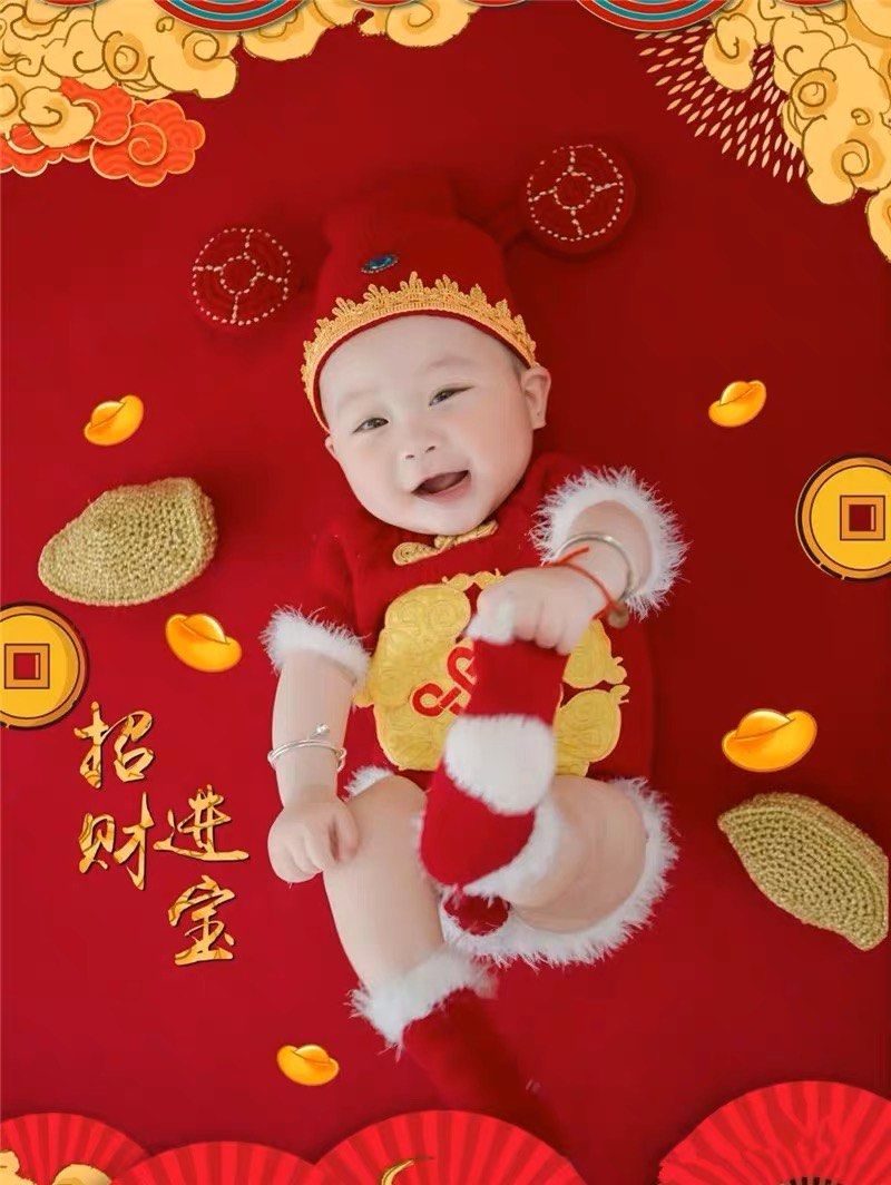 Chinese New Year Style Red Suit Newborn Baby Crochet Knit Costume For Shooting