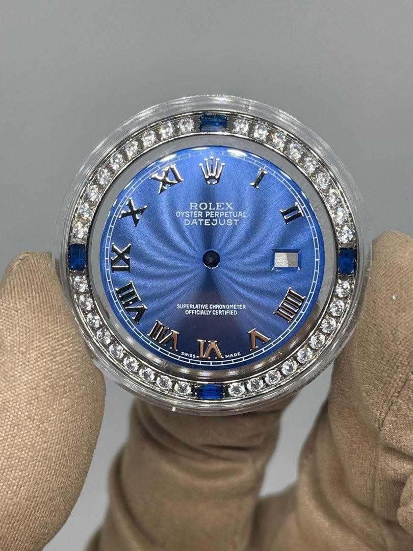Custom Made Sunburst Blue Steel Diamond CZ Diamond Bezel For