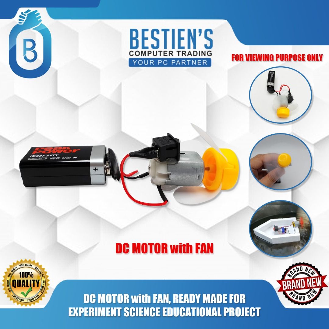 DC MOTOR with FAN, READY MADE FOR EXPERIMENT SCIENCE EDUCATIONAL PROJECT (Category: Electrical, Adaptors & Sockets) located in Quezon City. Submitted by besteinpc (Listing ID 1226232385, Image 1). Description: DC MOTOR with FAN, READY MADE FOR EXPERIMENT SCIENCE EDUCATIONAL PROJECT FEATURES: 👉Variation: 3V-DC MOTOR, 6V-DC MOTOR, 9V-DC MOTOR, 12V-DC MOTOR 👉Length: 25mm 👉Diameter: 21mm 👉Shaft diameter: 2mm 👉Shaft length: 9mm 👉Main dimensions: