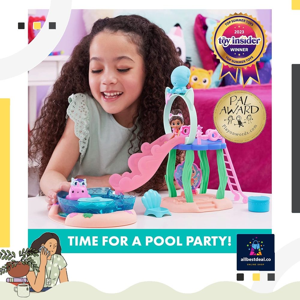 Gabby's Dollhouse, Purr-ific Pool Playset with Gabby and Mercat Figures,  Color-Changing Mermaid Tails and Pool Accessories Kids Toys for Ages 3 and  Up