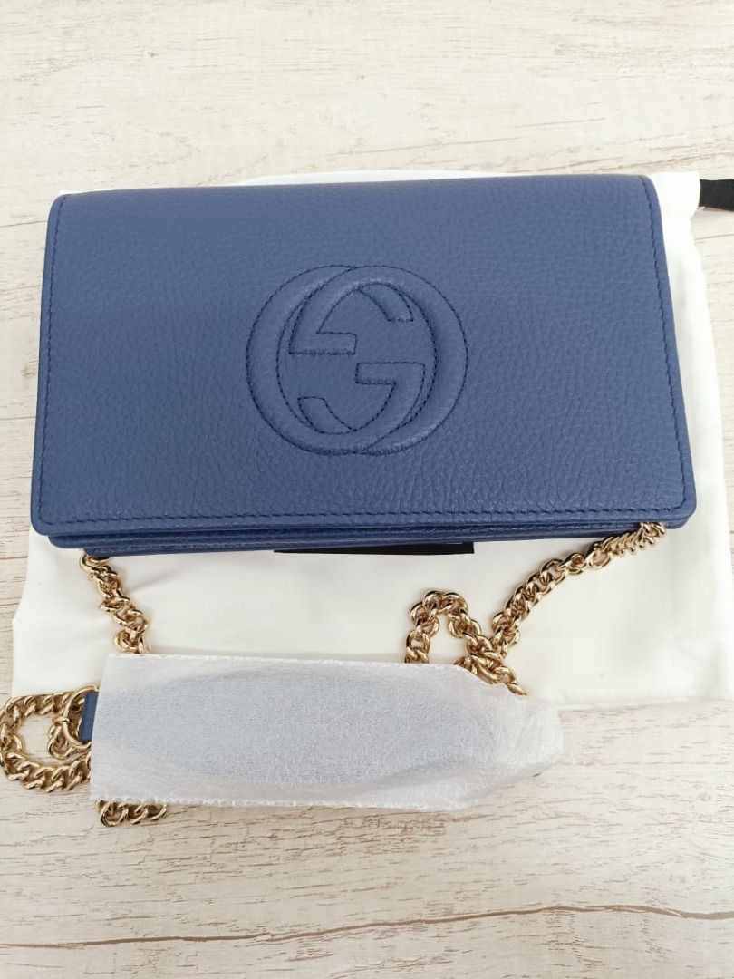 GUCCI Mini Soho Pebbled Leather Wallet On Chain Bag Blue 598211