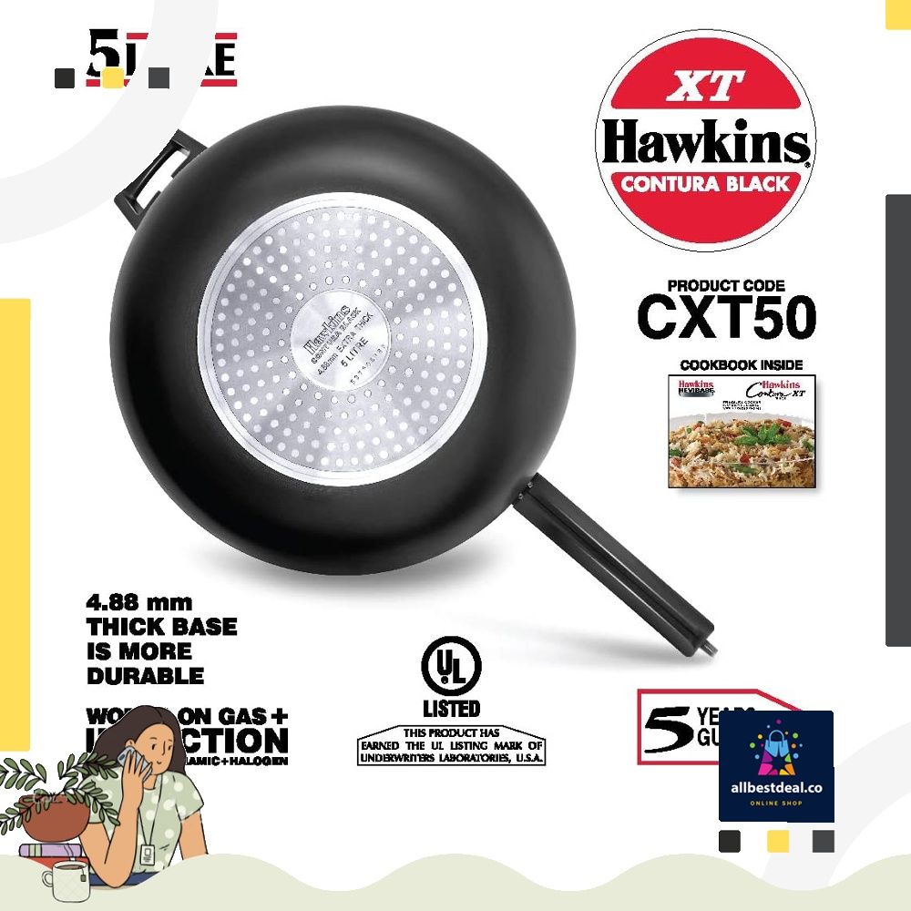 Hawkins CXT50 Contura Hard Anodized Induction Compatible Extra Thick Base Pressure Cooker Black 5L 5 L
